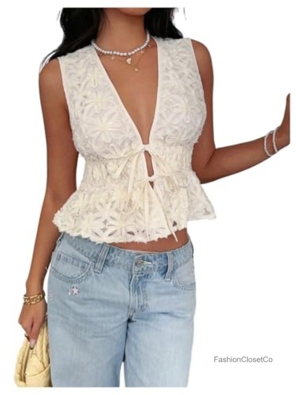 Tie Front Sleeveless Peplum Blouse Floral Appliques Ruffle Hem
